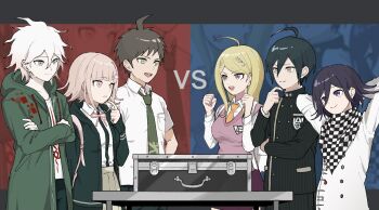 Rule 34 | 2girls, 4boys, ahoge, akamatsu kaede, arms behind head, bag, black hair, black jacket, blonde hair, breast pocket, breasts, brown eyes, brown hair, brown skirt, buttons, checkered clothes, checkered neckerchief, checkered scarf, collared jacket, collared shirt, commentary request, crest, crossed arms, danganronpa (series), danganronpa 2: goodbye despair, danganronpa v3: killing harmony, double-breasted, finger to own chin, flipped hair, fortissimo, green jacket, green necktie, grey hair, hair between eyes, hair ornament, hand on own hip, hinata hajime, hood, hood down, hooded jacket, hope's peak academy school uniform, jacket, komaeda nagito, large breasts, letterboxed, liar game, long hair, long sleeves, looking at another, medium hair, messy hair, mik 0369, multicolored buttons, multiple boys, multiple girls, musical note, musical note hair ornament, nanami chiaki, neck ribbon, neckerchief, necktie, oma kokichi, open clothes, open jacket, open mouth, pants, parody, pink bag, pink eyes, pink ribbon, pink sweater vest, pink vest, pinstripe jacket, pinstripe pants, pinstripe pattern, pleated skirt, pocket, print shirt, pump action, purple eyes, purple hair, ribbon, saihara shuichi, scarf, school uniform, shirt, short hair, short sleeves, skirt, smile, striped clothes, striped jacket, striped pants, suitcase, sweater vest, teeth, two-tone scarf, two-tone shirt, upper body, vest, vs, white bag, white shirt