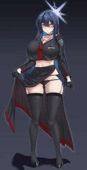 Rule 34 | 1girl, absurdres, black background, black choker, black footwear, black gloves, black hair, black panties, black serafuku, black shirt, black thighhighs, blue archive, blue eyes, blush, breasts, choker, closed mouth, clothes lift, clothing cutout, collarbone, commentary, cosplay, crop top, crop top overhang, full body, garter belt, gloves, groin, hair between eyes, half gloves, halo, hasumi (blue archive), hasumi (blue archive) (cosplay), high heels, highres, large breasts, long hair, long skirt, looking at viewer, midriff, neckerchief, panties, red neckerchief, sailor collar, saori (blue archive), school uniform, serafuku, shadow, shirt, side cutout, sidelocks, simple (ejhe3475), skindentation, skirt, skirt lift, solo, standing, thighhighs, underwear, white sailor collar