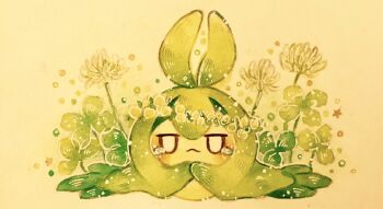 closed_mouth clover commentary_request flower full_body gen_5_pokemon head_wreath highres jitome looking_ahead nintendo no_humans painting_(medium) pokemon pokemon_(creature) simple_background solo swadloon tears traditional_media watercolor_(medium) white_flower yukichi_0611
