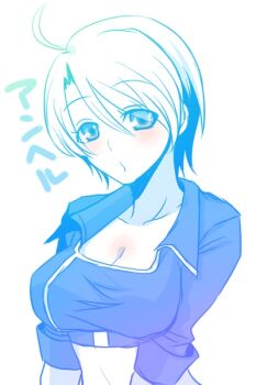 Rule 34 | 1girl, ahoge, angel (kof), bad id, bad pixiv id, blush, breasts, cleavage, female focus, monochrome, navel, nyorori, nyorori (tatsutaage), short hair, snk, solo, spot, spot color, the king of fighters