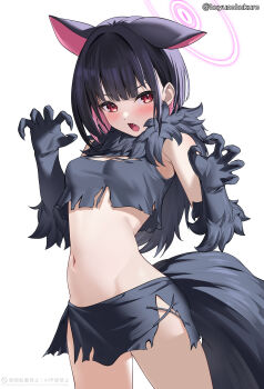 1girl absurdres animal_ears black_claws black_hair blue_archive blush cat_ears colored_inner_animal_ears colored_inner_hair commentary_request extra_ears fake_claws fur_scarf fur_sleeves fur_trim halloween_costume halo highres kazusa_(blue_archive) kazusa_(halloween)_(blue_archive) multicolored_hair open_mouth pink_hair pink_halo short_hair simple_background torn_clothes twitter_username werewolf_costume white_background yoshinatsu