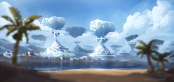 artist_name blue_sky blurry blurry_foreground cloud cloudy_sky depth_of_field floating_island lake landscape mountainous_horizon no_humans original outdoors painterly reflection reflective_water scenery signature sky zandra