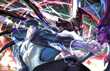 2boys battle black_hair blue_eyes blue_jacket commission dagger glowing glowing_eyes highres holding holding_dagger holding_knife holding_weapon ian_zhou jacket knife multiple_boys red_eyes shirt solo_leveling sung_jin-woo watermark weapon white_shirt