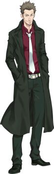 1boy black_pants black_shoes brown_hair coat facial_hair full_body green_eyes hands_in_pockets highres iwamoto_tatsurou necktie official_art pants shin_megami_tensei shin_megami_tensei:_liberation_dx2 shoes simple_background smile solo standing third-party_source transparent_background trench_coat vince_(megami_tensei) white_necktie