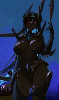 2girls absurdres arm_armor armored_gloves armored_legwear armored_leotard black_hair blood blood_on_tail blue_background breasts carrying chime_(nikke) colored_inner_hair contrapposto cowboy_shot dark dark-skinned_female dark_skin dismemberment glowing glowing_eyes goddess_of_victory:_nikke highres horns indivilia_(nikke) large_breasts leotard long_hair looking_at_viewer mechanical_horns mechanical_tail multicolored_hair multiple_girls night red_eyes severed_head sidelighting solo_focus soondi tail tail_blade wind