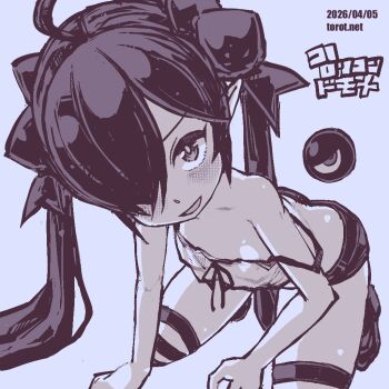 1girl :d ahoge all_fours backbeako_(torotei) backbeard bare_shoulders blue_background blue_theme blush breasts camisole commentary dated dated_commentary gegege_no_kitarou hair_over_one_eye hair_ribbon kono_lolicon_domome loli long_hair looking_at_viewer micro_shorts monochrome open_mouth original paid_reward_available pointy_ears ribbon shorts simple_background small_breasts smile solo strap_slip striped_clothes striped_thighhighs thighhighs torotei translated twintails very_long_hair watermark web_address