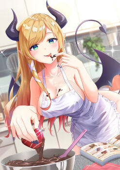 1girl absurdres apron black_horns blonde_hair blurry blurry_background book breast_tattoo breasts candy chocolate chocolate_heart chocolate_making chocolate_on_body chocolate_on_breasts chocolate_on_face chocolate_on_hand cleavage commentary_request cooking demon_girl demon_horns demon_tail demon_wings food food_on_body food_on_face food_on_hand gradient_hair green_eyes heart heart-shaped_food highres hololive horn_ornament horn_ring horns indoors kitchen large_breasts long_hair looking_at_viewer mixing_bowl multicolored_hair naked_apron open_book pointy_ears same1029 single_sidelock smile solo tail tattoo tongue tongue_out valentine virtual_youtuber white_apron wings yuzuki_choco