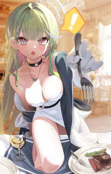! 1girl :o absurdres black_choker blurry blurry_background blush breasts butterfly_necklace choker cleavage commentary_request cup depth_of_field dress drinking_glass earrings food fork gloves green_hair grey_eyes hair_intakes hair_ornament hairclip highres holding holding_fork indoors jewelry korean_commentary large_breasts long_hair looking_at_viewer m_cream01 multicolored_hair necklace open_mouth parallel_hairclips plate solo speech_bubble spoken_exclamation_mark spread_legs stellive straight_hair strapless strapless_dress streaked_hair variant_set virtual_youtuber white_dress white_gloves wine_glass yuzuha_riko
