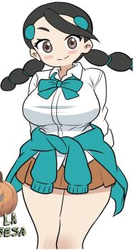 1girl black_hair blush breasts brown_eyes candice_(pokemon) clothes_around_waist cropped gloria_la_escosesa highres large_breasts long_sleeves looking_at_viewer miniskirt multi-tied_hair nintendo pokemon pokemon_dppt skirt sweater sweater_around_waist third-party_edit white_background
