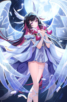 1girl absurdres angel_wings bare_shoulders black_hair chinese_commentary closed_mouth columbina_(genshin_impact) commentary_request dress full_moon genshin_impact hands_up highres lalazyt long_hair long_sleeves looking_up moon multicolored_hair purple_eyes purple_hair smile solo standing two-tone_hair unusually_open_eyes very_long_hair white_dress wings