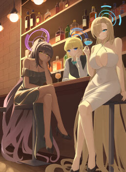 3girls :o alternate_costume asuna_(blue_archive) azashiro_kp bar_stool bare_shoulders black_dress black_hair black_shoes black_vest blonde_hair blue_archive blue_bow blue_bowtie blue_eyes blue_hair blue_halo bottle bow bowtie braid breasts cleavage collarbone crossed_legs cup dark-skinned_female dark_skin dress drinking_glass gradient_hair hair_over_one_eye half_up_braid halo hand_on_own_chin high_heels highres holding holding_cup karin_(blue_archive) large_breasts long_hair looking_at_viewer multicolored_hair multiple_girls off-shoulder_dress off_shoulder ponytail purple_hair shirt shoes sitting smile stool streaked_hair toki_(blue_archive) very_long_hair vest white_dress white_shirt wine_bottle wine_glass yellow_eyes