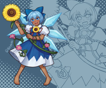 Rule 34 | 1girl, barefoot, blue background, blue bow, blue dress, blue eyes, blue hair, blush, bow, cirno, commentary, crossed bangs, crystal wings, dress, dress flower, dress over shirt, english commentary, flower, flower request, full body, hair bow, halftone, halftone background, hidden star in four seasons, holding, holding flower, looking at viewer, monochrome background, neck ribbon, open mouth, puffy short sleeves, puffy sleeves, red ribbon, ribbon, shg (hiomaika), shirt, short hair, short sleeves, sleeveless, sleeveless dress, smile, solo, sunflower, tan, tanned cirno, teeth, touhou, twitter username, upper teeth only, white shirt, wings, zoom layer
