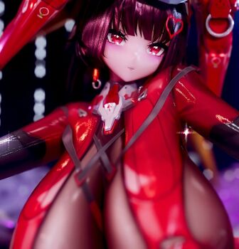 3d black_hair black_pantyhose bodysuit breasts chi_ming_3d game_cg huge_breasts latex non-web_source original pantyhose red_eyes solo