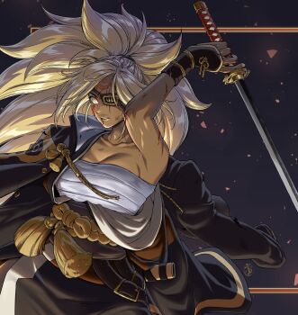 Rule 34 | 1girl, alternate color, alternate skin color, baiken, bandages, belt, belt buckle, big hair, black background, black jacket, blonde hair, blood, blood on arm, blood on face, breasts, buckle, cleavage, commentary, dark-skinned female, dark skin, english commentary, eyepatch, facial tattoo, guilty gear, highres, holding, holding sword, holding weapon, irene koh, jacket, jacket on shoulders, katana, large breasts, long hair, obi, one-eyed, ponytail, samurai, sash, scabbard, scar, scar across eye, scar on face, scratches, sheath, simple background, solo, sword, tattoo, very long hair, weapon, yellow eyes