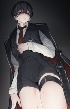 1boy black_eyes black_hair black_shorts black_suit closed_mouth collared_shirt commentary_request formal_clothes from_below highres holster limbus_company looking_at_viewer necktie project_moon red_necktie shirt short_hair shorts snn_shq solo suit thigh_holster thigh_strap thighs white_shirt yi_sang_(project_moon)