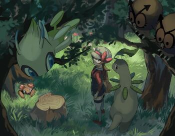 1girl bayleef blue_overalls bow brown_eyes brown_hair newsboy_cap celebi closed_mouth commentary_request from_above gen_1_pokemon gen_2_pokemon grass hat hat_bow highres hoothoot in_tree legendary_pokemon long_hair looking_up lyra_(pokemon) mythical_pokemon nintendo nmn_0 overalls paras pokemon pokemon_(creature) pokemon_hgss red_footwear red_shirt shirt shoes standing thighhighs tree tree_stump twintails white_headwear yellow_bag