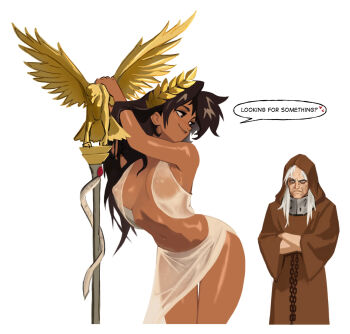1girl bare_shoulders breasts cleavage covered_erect_nipples dress emperor_of_mankind genderswap genderswap_(mtf) highres long_hair malcador_the_sigillite navel peppertama see-through_clothes see-through_dress see-through_skirt silk simple_background skirt stomach war_hammer warhammer_40k weapon