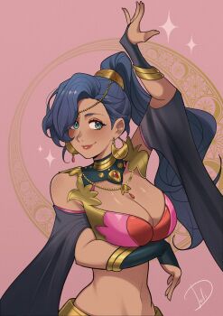 1girl absurdres arm_under_breasts blue_hair blush breasts bridal_gauntlets circlet cleavage closed_mouth commentary crop_top dancer dancing dark-skinned_female dark_skin deliciousbrain earrings english_commentary fire_emblem fire_emblem:_fortune&#039;s_weave gold_choker gold_earrings green_eyes harem_outfit high_ponytail highres hoop_earrings jewelry large_breasts leda_(fire_emblem) looking_at_viewer navel nintendo ponytail shawl smile solo stomach upper_body