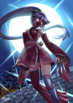 Rule 34 | 1girl, adsouto, akatsuki (log horizon), asymmetrical legwear, between fingers, blue panties, bridal gauntlets, floating hair, floral print, full moon, gluteal fold, hair between eyes, highres, holding, holding knife, japanese clothes, kimono, knife, knives between fingers, log horizon, long hair, long sleeves, mask, moon, mouth mask, night, ninja, ninja mask, outdoors, panties, print kimono, purple eyes, purple hair, red kimono, red thighhighs, short kimono, signature, single thighhigh, solo, thighhighs, underwear, uneven legwear, v-shaped eyebrows, very long hair