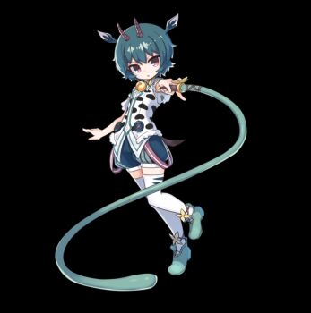 1girl :o animal_print bell black_background blue_shorts bob_cut brown_eyes cow_print flat_chest full_body green_hair green_shoes hair_between_eyes highres holding holding_whip horns lophey_(merc_storia) merc_storia merc_storia_art_team neck_bell official_art outstretched_arm shirt shoes short_hair short_sleeves shorts simple_background solo standing tachi-e thighhighs v-shaped_eyebrows whip white_thighhighs