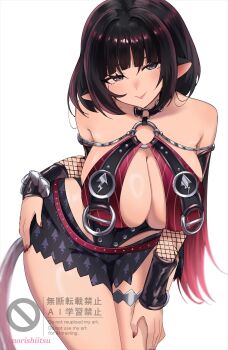 1girl absurdres alternate_breast_size_(larger) animal_ears artist_name bare_shoulders black_hair black_one-piece_swimsuit black_sarong blue_eyes breast_curtains breasts choker closed_mouth commentary cowboy_shot english_commentary fishnet_sleeves fishnets hand_on_own_hip hand_on_own_leg head_tilt highres jane_doe_(nocturne_of_light)_(zenless_zone_zero) jane_doe_(zenless_zone_zero) large_breasts leaning_forward leather_leotard long_hair looking_at_viewer mouse_ears mouse_girl mouse_tail multicolored_hair norishiitsu o-ring o-ring_choker official_alternate_costume one-piece_swimsuit red_hair red_nails red_one-piece_swimsuit sarong simple_background smile solo swimsuit tail thigh_strap two-tone_one-piece_swimsuit white_background zenless_zone_zero