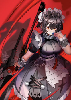 Rule 34 | 1girl, azuki pii, black dress, black hair, candy, colored inner hair, commentary request, dress, ellen joe, fins, fish tail, food, frilled wristband, hair between eyes, hairband, highres, holding, holding candy, holding food, holding lollipop, holding weapon, lollipop, maid headdress, metal hairband, mole, mole under eye, multicolored hair, open mouth, razor blade hair ornament, red background, red eyes, shark girl, shark tail, short hair, short sleeves, solo, spiked headband, tail, weapon, zenless zone zero