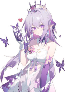 1girl absurdres asymmetrical_gloves breasts bug butterfly castorice_(honkai:_star_rail) commentary_request dodder7777 dress elbow_gloves flower gift gloves hair_flower hair_ornament highres holding holding_gift honkai:_star_rail honkai_(series) insect long_hair looking_at_viewer medium_breasts pointy_ears purple_eyes purple_gloves purple_hair simple_background solo tiara uneven_gloves very_long_hair white_background white_dress