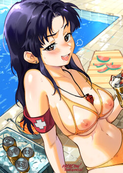 1girl absurdres arm_support artist_name beer_can bikini blush breasts brown_eyes can drink_can highres katsuragi_misato large_breasts legs lifeguard looking_at_viewer mature_female navel neon_genesis_evangelion nippleless_bikini nipples open_mouth pool purple_hair scar see-through_clothes smile snegovski solo swimsuit teeth thighs tongue water whistle whistle_around_neck yellow_bikini