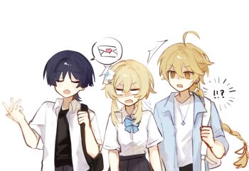 !? 1girl 2boys ^^^ aether_(genshin_impact) ahoge alternate_costume alternate_universe arms_at_sides backpack bag black_bag black_hair black_skirt blank_eyes blonde_hair blouse blue_bow blue_flower blue_shirt blunt_ends bow braid brother_and_sister clenched_hand closed_eyes collared_shirt contemporary eyeliner eyeshadow feather_hair_ornament feathers flower genshin_impact hair_between_eyes hair_flower hair_intakes hair_ornament hand_up highres huhu_norii jewelry long_hair looking_at_another low-braided_long_hair low-tied_long_hair lumine_(genshin_impact) makeup multicolored_flower multiple_boys necklace open_clothes open_hand open_mouth open_shirt pendant pleated_skirt red_eyeliner red_eyeshadow scaramouche_(genshin_impact) shaded_face shirt short_hair short_hair_with_long_locks short_sleeves siblings sidelocks skirt spoken_object sweatdrop undershirt v-shaped_eyebrows white_background white_bag white_feathers white_flower white_shirt white_sleeves yellow_eyes