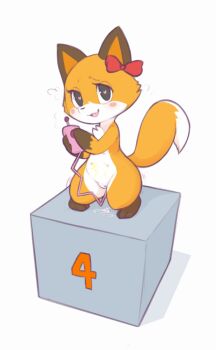 1girl animal_ears animal_nose blush blush_stickers body_fur borrowed_character bow brown_fur chibikemo cleft_of_venus completely_nude controller ear_bow extra_breasts fang female_focus female_masturbation flying_sweatdrops fox_ears fox_girl fox_tail full_body furry furry_female furry_scale grey_eyes hands_up happy heart heart-shaped_pupils highres holding holding_remote_control kekitopu looking_at_viewer masturbation multicolored_fur nipples nude object_insertion open_mouth orange_fur original podium pussy pussy_juice pussy_juice_drip raised_eyebrows red_bow remote_control simple_background skin_fang smile snout solo standing symbol-shaped_pupils tail thick_thighs thighs trembling uncensored vaginal vaginal_object_insertion vibrator_cord white_background white_fur wide_hips