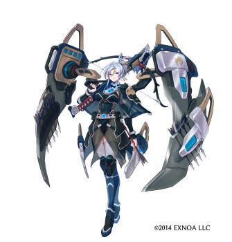 1girl arrow_(projectile) arrow_(symbol) blue_boots blue_eyes boots bow_(weapon) breasts character_request closed_mouth commentary_request copyright_notice crossbow grey_hair highres holding holding_arrow holding_crossbow holding_weapon multicolored_hair oshiro_project:re over_shoulder short_hair solo streaked_hair thighhighs trigger_discipline weapon weapon_over_shoulder white_background white_thighhighs z-ton