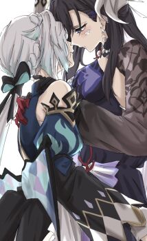 Rule 34 | 2girls, bare shoulders, black dress, black gloves, black hair, blue dress, blue streaks, blush, cerydra (honkai: star rail), commentary request, dress, earrings, gloves, honkai: star rail, honkai (series), hysilens (honkai: star rail), jewelry, long hair, multiple girls, parted lips, red gloves, scales, simple background, syonosuke9573, white background, white hair, yuri