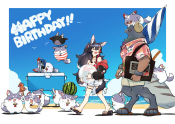 1girl :d animal_ear_fluff animal_ears artist_name bag ball beach beach_umbrella beachball black_hair black_jacket blue_sky closed_eyes commentary_request cooler day fang food fried_squid fruit happy_birthday hatotaurus_(ookami_mio) hawaiian_shirt highres hololive horns jacket long_sleeves making-of_available miochun miofa_(ookami_mio) off_shoulder ookami_mio ookami_mio_(hololive_summer_2019) open_mouth outdoors pohitashi red_streaks sandals scuba_gear shirt shorts shoulder_bag skin_fang sky smile sunglasses tail tail_around_own_leg umbrella virtual_youtuber walking watermelon white_shorts wolf_ears wolf_girl wolf_tail