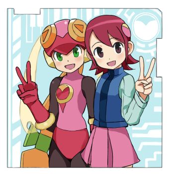 2girls absurdres black_bodysuit blonde_hair blue_shirt blue_vest bodysuit brown_hair cowboy_shot green_eyes highres kebab_(blackdoll) leotard long_hair mayl_sakurai_(mega_man) mega_man_(series) mega_man_battle_network_(series) multiple_girls netnavi open_mouth pink_leotard red_hair roll.exe_(mega_man) shirt short_hair smile tongue v vest