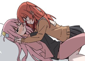 2girls black_shirt black_skirt blue_eyes blush bocchi_the_rock! brown_shirt closed_mouth cube_hair_ornament gotoh_hitori hair_ornament haru_(konomi_150) holding_hands interlocked_fingers jacket kita_ikuyo multiple_girls one_eye_closed one_side_up pants pink_hair pink_jacket pink_pants pleated_skirt red_hair sailor_collar school_uniform shirt shuka_high_school_uniform simple_background skirt smile white_background white_sailor_collar yuri