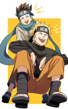 Rule 34 | 2boys, absurdres, black jacket, blonde hair, brown hair, closed eyes, facial mark, forehead protector, highres, jacket, konohagakure symbol, long sleeves, male focus, multiple boys, naruto (series), naruto shippuuden, open mouth, orange pants, pants, pnpk 1013, sarutobi konohamaru, scarf, short hair, simple background, spiked hair, teeth, tongue, tongue out, uzumaki naruto, whisker markings