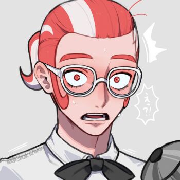 ... 1boy ^^^ absurdres black_bow black_bowtie bow bowtie commentary_request flustered gerokizoku glasses grisham_(pokemon) hair_pulled_back highres light_blush looking_at_viewer lower_eyelashes_only male_focus multicolored_hair nintendo open_mouth parted_lips pokemon pokemon_legends:_z-a portrait red_eyes red_hair shirt sideburns solo spoken_ellipsis surprised sweat translation_request twitter_username two-tone_hair white-framed_eyewear white_hair white_shirt wide-eyed