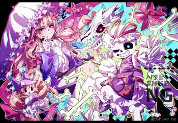 1boy 2girls blank_eyes blue_eyes blue_hoodie blue_tabard bone cosplay costume_switch crossed_arms dress fox_girl fox_tail frills full_body gap_(touhou) hair_ribbon hand_on_own_chin hat holding holding_umbrella hood hoodie long_hair looking_at_viewer medium_hair mob_cap multiple_girls multiple_tails open_mouth oshino_no purple_eyes purple_tabard ribbon sans_(undertale) sans_(undertale)_(cosplay) shorts skeleton smile tabard tail teeth touhou twitter_username umbrella undertale utdr_(toby_fox) very_long_hair watermark white_dress yakumo_ran yakumo_yukari yakumo_yukari_(cosplay)