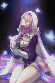 1girl absurdres aponia black_dress blonde_hair blue_eyes breast_curtains breasts bug butterfly chinese_commentary commentary_request dress hair_between_eyes highres honkai_(series) honkai_impact_3rd hulai_de_gou_sheng insect large_breasts medium_hair mole mole_under_eye nun nun_headdress own_hands_together praying seiza sitting solo thigh_strap thighs veil white_veil