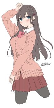 Rule 34 | 1girl, absurdres, black pantyhose, blue eyes, blush, bow, braid, breasts, brown hair, cardigan, collared shirt, commentary request, hair ornament, hairclip, highres, long hair, long sleeves, looking at viewer, medium breasts, original, pantyhose, pink bow, pink cardigan, pleated skirt, red skirt, school uniform, shirt, simple background, skirt, solo, unasaka ryou, white background, white shirt