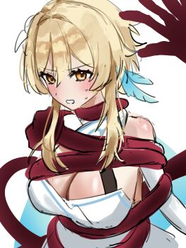 1girl bare_shoulders blonde_hair blush bound breasts cleavage clenched_teeth detached_sleeves dress feather_hair_ornament feathers genshin_impact hair_between_eyes hair_ornament highres ikurumidwd large_breasts looking_at_viewer lumine_(genshin_impact) medium_hair restrained short_hair_with_long_locks simple_background solo sweat teeth upper_body white_background white_dress yellow_eyes