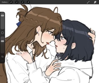 2girls after_kiss art_program_in_frame black_hair braid brown_eyes brown_hair commentary earrings english_commentary half_up_braid highres hood hoodie jewelry medium_hair miyagi_shiori multiple_girls saliva saliva_trail sendai_hazuki shirt shuuniichido_classmate_wo_kau_hanashi simple_background stud_earrings sweat tongue tongue_out white_background white_hoodie white_shirt yuri zyukiel