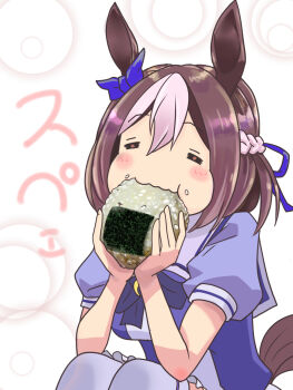 1girl =_= animal_ears bow braid breasts brown_hair crown_braid ear_bow eating food food_on_face grey_thighhighs highres holding holding_food horse_ears horse_girl horse_tail medium_breasts miniskirt multicolored_hair onigiri pink_hair school_uniform serafuku shikibara_fukka sitting skirt solo special_week_(umamusume) tail thighhighs tracen_school_uniform translation_request two-tone_hair umamusume