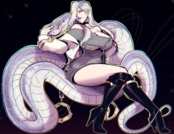1girl absurdres bare_legs bare_shoulders blue_lips boots breasts cleavage dress fate/grand_order fate_(series) high_heel_boots high_heels highres large_breasts lipstick long_hair makeup mrs._snake_(fate) nico_artoo sitting snake snake_girl solo sweater sweater_dress very_long_hair white_hair