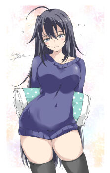 1girl ahoge black_hair black_thighhighs blue_eyes blue_sweater blush breasts cowboy_shot dated gakky highres kako_(kancolle) kantai_collection long_hair looking_at_viewer pillow signature smile solo sweater thighhighs