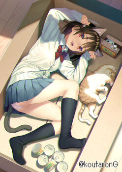 1girl :d animal arms_up ass black_hair black_socks blue_skirt bow box can canned_food cardboard_box cardigan cat collared_shirt commentary_request fang hair_between_eyes in_box in_container koutaro long_sleeves looking_at_viewer lying no_shoes on_side open_mouth original panties paw_pose pleated_skirt red_bow red_eyes school_uniform shirt skirt sleeves_past_wrists smile socks solo twitter_username underwear white_cardigan white_panties white_shirt