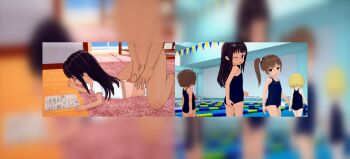 1boy 3d absurdres age_difference anal artist_request before_and_after black_hair blush censored flat_chest from_behind glasses hetero highres loli looking_at_viewer multiple_girls panties panty_pull penis pool sex swimsuit tagme tan tanline underwear wince