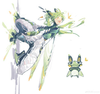 1girl absurdres artist_name bodysuit breasts bug butterfly chinese_commentary commentary_request creature_and_personification cyyyyy full_body green_hair headphones_for_animal_ears highres insect long_sleeves looking_to_the_side medium_breasts multicolored_bodysuit on_wall open_mouth original personification puffy_long_sleeves puffy_sleeves science_fiction smile solo teeth twintails upper_teeth_only white_background yellow_eyes