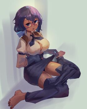 1girl absurdres apron apron_lift barefoot breasts cleavage clothes_lift dark-skinned_female dark_skin feet female_focus full_body glasses gloves hair_between_eyes highres large_breasts long_sleeves matching_hair/eyes nowaacs open_clothes open_shirt panties pants pantyshot purple_apron purple_eyes purple_gloves purple_hair purple_pants shirt simple_background sister_atla sitting solo the_citadel thighs toes underwear white_shirt