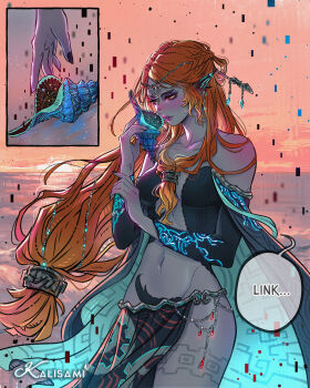 1girl absurdres artist_name black_nails breasts circlet colored_skin commentary cowboy_shot english_commentary grey_skin highres holding holding_shell horizon inset kalisami1 lips long_hair low-tied_long_hair medium_breasts midna midna_(true) navel nintendo orange_hair parted_lips pelvic_curtain pointy_ears red_eyes shell speech_bubble spoilers sunset the_legend_of_zelda the_legend_of_zelda:_twilight_princess
